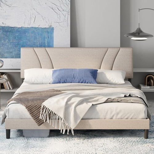 Beige upholstered queen bed - upholstered,